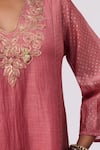 Pants And Pajamas_Pink Chanderi Embroidery V-neck Kurta _at_Aza_Fashions