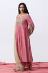 Pants And Pajamas_Pink Cotton, Silk, Chanderi Embroidery Split V-neck Kurta Set _Online_at_Aza_Fashions