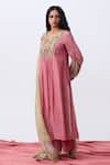 Pants And Pajamas_Pink Cotton, Silk Embroidery Split V-neck Kurta And Pant Set _Online_at_Aza_Fashions