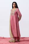 Buy_Pants And Pajamas_Pink Chanderi Embroidery Split V-neck Kurta _at_Aza_Fashions