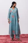 Buy_Pants And Pajamas_Blue Cotton, Silk Embroidery V-neck Kurta Pant Set _at_Aza_Fashions