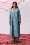 Buy_Pants And Pajamas_Blue Cotton, Silk Embroidery V-neck Kurta Pant Set _Online_at_Aza_Fashions