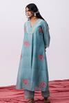 Shop_Pants And Pajamas_Blue Cotton, Silk Embroidery V-neck Kurta Pant Set _at_Aza_Fashions