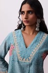 Pants And Pajamas_Blue Cotton, Silk Embroidery V-neck Kurta Pant Set _at_Aza_Fashions