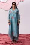 Shop_Pants And Pajamas_Blue Chanderi Embroidery V-neck Kurta _at_Aza_Fashions