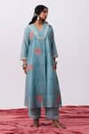 Buy_Pants And Pajamas_Blue Chanderi Embroidery V-neck Kurta _at_Aza_Fashions
