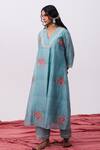 Shop_Pants And Pajamas_Blue Chanderi Embroidery V-neck Kurta 