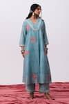 Buy_Pants And Pajamas_Blue Cotton, Silk Floral Embroidered Pant _at_Aza_Fashions