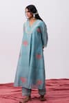 Shop_Pants And Pajamas_Blue Cotton, Silk Floral Embroidered Pant _Online_at_Aza_Fashions