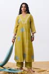 Buy_Pants And Pajamas_Green Cotton, Silk Embroidery V-neck Kurta Pant Set _at_Aza_Fashions