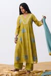 Buy_Pants And Pajamas_Green Chanderi Embroidery V-neck Kurta _at_Aza_Fashions
