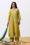 Buy_Pants And Pajamas_Green Chanderi Embroidery V-neck Kurta _Online_at_Aza_Fashions