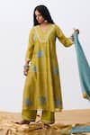 Buy_Pants And Pajamas_Green Cotton, Silk Embroidered Pant _at_Aza_Fashions