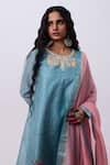 Buy_Pants And Pajamas_Blue Cotton, Silk, Chanderi Embroidery Round Neck Designer Kurta Pant Set _Online_at_Aza_Fashions