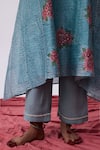 Pants And Pajamas_Blue Cotton, Silk, Chanderi Embroidery Round Neck Designer Kurta Pant Set _at_Aza_Fashions