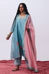Buy_Pants And Pajamas_Blue Chanderi Embroidery Round Neck Floral Kurta _at_Aza_Fashions
