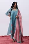 Pants And Pajamas_Blue Chanderi Embroidery Round Neck Floral Kurta _Online_at_Aza_Fashions