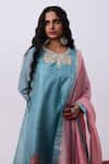 Shop_Pants And Pajamas_Blue Chanderi Embroidery Round Neck Floral Kurta _Online_at_Aza_Fashions