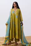 Buy_Pants And Pajamas_Green Cotton, Silk, Chanderi Embroidery V-neck Kurta Pant Set With Dupatta _at_Aza_Fashions