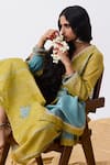 Shop_Pants And Pajamas_Green Cotton, Silk, Chanderi Embroidery V-neck Kurta Pant Set With Dupatta _Online_at_Aza_Fashions