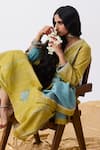 Buy_Pants And Pajamas_Green Chanderi Embroidery V-neck Kurta _Online_at_Aza_Fashions