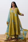 Buy_Pants And Pajamas_Green Chanderi Embroidery V-neck Kurta _at_Aza_Fashions