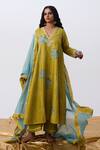 Pants And Pajamas_Green Cotton, Silk Designer Pant _at_Aza_Fashions