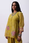 Buy_Pants And Pajamas_Green Chanderi Embroidery Round Neck Floral Top And Pant Set _Online_at_Aza_Fashions