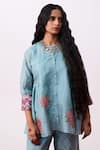 Pants And Pajamas_Blue Chanderi Embroidery Round Neck Top And Pant Set _Online_at_Aza_Fashions