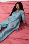Shop_Pants And Pajamas_Blue Chanderi Embroidery Round Neck Top And Pant Set _Online_at_Aza_Fashions