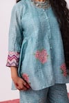 Pants And Pajamas_Blue Chanderi Embroidery Round Neck Top And Pant Set _at_Aza_Fashions