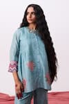 Buy_Pants And Pajamas_Blue Cotton Embroidery Collared Floral Tunic And Slip Set _Online_at_Aza_Fashions