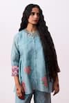 Pants And Pajamas_Blue Cotton Embroidery Collared Floral Tunic And Slip Set _at_Aza_Fashions