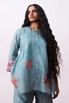 Buy_Pants And Pajamas_Blue Cotton Embroidery Collared Floral Tunic And Slip Set _at_Aza_Fashions