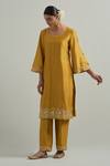 Shop_Ikshita Choudhary_Yellow Chanderi, Organza Embroidery Square Neck Mustard Hand Kurta Set _at_Aza_Fashions
