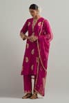 Buy_Ikshita Choudhary_Magenta Chanderi, Organza Embroidery Round Neck Hand Kurta Set _at_Aza_Fashions