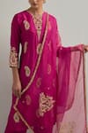 Buy_Ikshita Choudhary_Magenta Chanderi, Organza Embroidery Round Neck Hand Kurta Set 