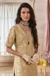 Paulmi And Harsh_Beige Organza V-neck Chicory Jacquard Kurta Palazzo Set _Online_at_Aza_Fashions