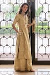 Buy_Paulmi And Harsh_Beige Jacquard, Shantoon V-neck Chicory Kurta And Palazzo Set _at_Aza_Fashions