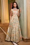 Paulmi And Harsh_Ivory Organza Embroidery Round Neck Floral Printed Anarkali With Dupatta _Online_at_Aza_Fashions