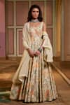 Buy_Paulmi And Harsh_Ivory Organza Embroidery Round Neck Floral Printed Anarkali With Dupatta _at_Aza_Fashions