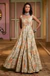 Shop_Paulmi And Harsh_Ivory Organza Embroidery Round Neck Floral Printed Anarkali With Dupatta _Online_at_Aza_Fashions