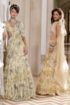 Paulmi And Harsh_Ivory Chiffon Embroidery V-neck Floral Pre-draped Saree Set _Online_at_Aza_Fashions