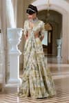 Paulmi And Harsh_Ivory Chiffon Embroidery V-neck Floral Pre-draped Saree Set _at_Aza_Fashions