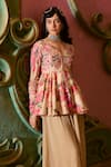 Paulmi And Harsh_Beige Georgette, Shantoon Embroidery V-neck Chicory Floral Peplum Kurta Set _Online_at_Aza_Fashions