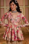 Buy_Paulmi And Harsh_Beige Georgette, Shantoon Embroidery V-neck Chicory Floral Peplum Kurta Set _Online_at_Aza_Fashions