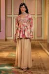 Buy_Paulmi And Harsh_Beige Georgette, Shantoon Embroidery V-neck Chicory Floral Peplum Kurta Set _at_Aza_Fashions