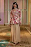 Shop_Paulmi And Harsh_Beige Georgette, Shantoon Embroidery V-neck Chicory Floral Peplum Kurta Set _at_Aza_Fashions