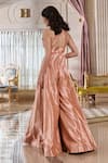 Shop_Paulmi And Harsh_Pink Jacquard, Shantoon Beads Round Neck Rose Bud Flared Jumpsuit _at_Aza_Fashions