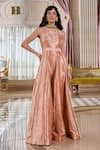 Buy_Paulmi And Harsh_Pink Jacquard, Shantoon Beads Round Neck Rose Bud Flared Jumpsuit _at_Aza_Fashions